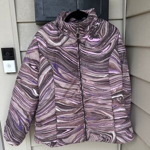 Isaac Mizrahi Live! Women’s Swirled Purple and Brown Puffer Jacket, Size Large